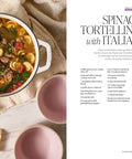 Cookbook page with Spinach Tortellini Soup recipe from Over 100 Family Favorite Recipes You Can Make At Home by Angela Kinsey and Joshua Snyder