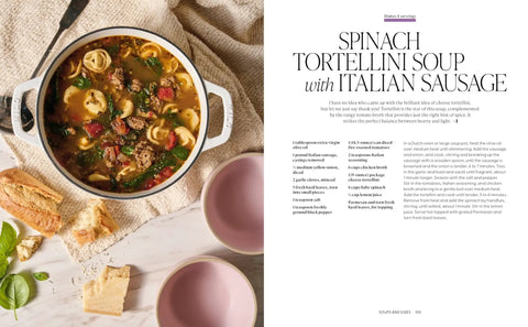 Cookbook page with Spinach Tortellini Soup recipe from Over 100 Family Favorite Recipes You Can Make At Home by Angela Kinsey and Joshua Snyder