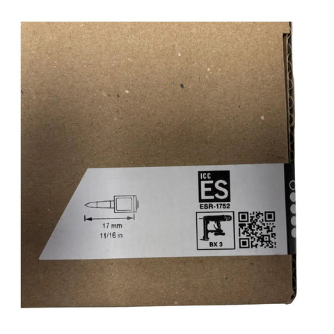 Box label of High Performance X-P 17 B3 MX Bulk Nails, 11 16 Inch Shank, showing specifications and barcode for pro jobs