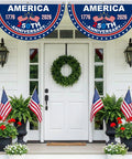 Two 250th Anniversary American Flag Bunting Set banners displayed on a porch with patriotic decor