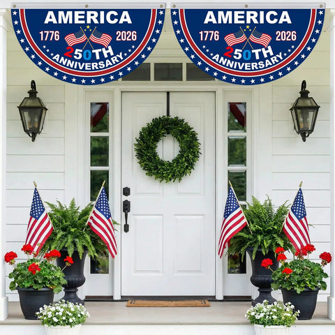 Two 250th Anniversary American Flag Bunting Set banners displayed on a porch with patriotic decor
