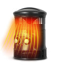 Compact 360 Degree Surround Desk Heater and Fan with adjustable thermostat, ideal for office and home use, emitting warm air.