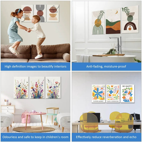 Fresh Wildflower Wall Panels Dope Sound Absorbing High Density Fiberboard Home Decor Three Piece Set Vivid UV Printing Room Accent For Next Level Living Vibes displayed in a modern living space above a bright pink table.