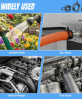 Various uses of 400-Piece Spring Hose Clamp Set 6-35mm With Pliers, including garden, gas, vehicle, and fuel hoses.