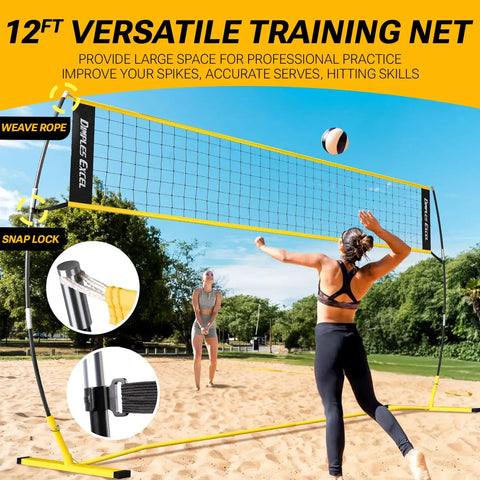 Game Ready Portable Volleyball Net Set 12x8 Ft With Four Height Levels From 5.05 To 8 Feet No Tools Needed on beach