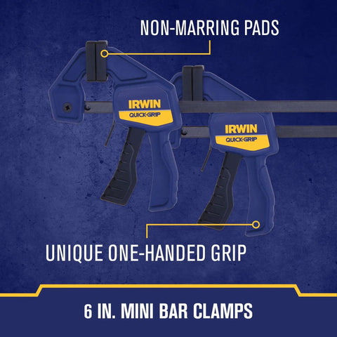 Quick Grip Woodworking Clamps 6 Inch 8 Piece Set With Quick Release Triggers showing unique one-handed grip and non-marring pads.