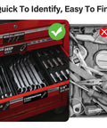 Magnetic Tool Box Labels With Icons 96 Pre Printed Icons Plus 4 Blank Tags For Custom Tools Black 3 X 1 Inch Drawer Markers For Steel Cabinets Garage Organization And Storage Quick Read Visual Icons on a red tool chest