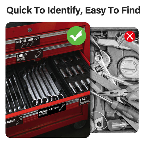 Magnetic Tool Box Labels With Icons 96 Pre Printed Icons Plus 4 Blank Tags For Custom Tools Black 3 X 1 Inch Drawer Markers For Steel Cabinets Garage Organization And Storage Quick Read Visual Icons on a red tool chest