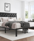 Modern Queen Bed Frame With Upholstered Diamond Tufted Headboard And Rock Solid Metal Slats For Dead Quiet Rest Spacious Under Bed Storage No Box Spring Needed Fast Clip Setup Black in bright bedroom setting.