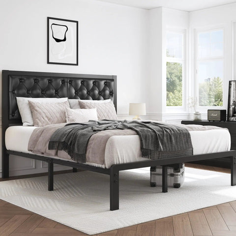 Modern Queen Bed Frame With Upholstered Diamond Tufted Headboard And Rock Solid Metal Slats For Dead Quiet Rest Spacious Under Bed Storage No Box Spring Needed Fast Clip Setup Black in bright bedroom setting.