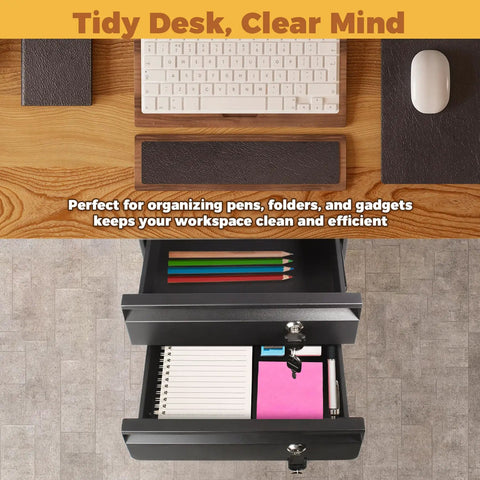 Premium Steel Double Under Desk Drawer With Slick Ball Bearing Rollers And Solid Deadbolt Lock For Zero Hassle Workspace Organization That Clamps Under Desks, showing organized office supplies with colorful pencils and a notepad.