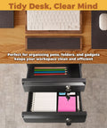 Heavy Duty Two Tier Under Desk Drawer Pull Out Storage Organizer With Secure Lock Quick Glide Rails For No Fuss Office Desk Organization And Daily Carry Setup, opened drawer with stationery.