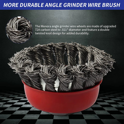 WENORA 3-pack wire wheel brushes, front view, for 4-inch angle grinder, 5/8-inch arbor, 0.02 inch carbon steel wire