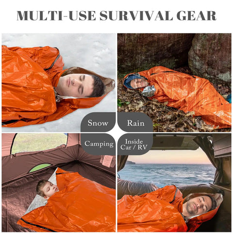 Two Pack Emergency Sleeping Bags Survival Gear For Cold Weather usage in snow, rain, camping, and inside car/RV scenarios.