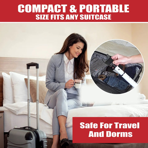 Adjustable Portable Door Security Bar for Hinged and Sliding Doors and Windows, shown packed in luggage, travel ready, white