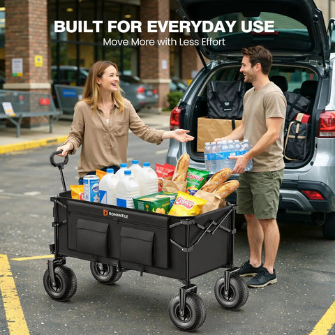 Beach Day Ready Cart With 9x3.5in Inflatable Wheels For Sand, 240L Collapsible Wagon loaded with groceries, black, outdoor use.