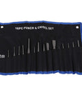 Heavy Duty 16 Piece Punch And Chisel Set With Pin Punch And Center Taper Tools, open roll case with steel punches