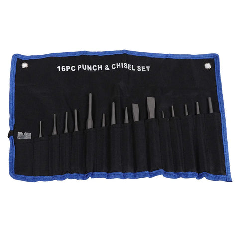 Heavy Duty 16 Piece Punch And Chisel Set With Pin Punch And Center Taper Tools, open roll case with steel punches