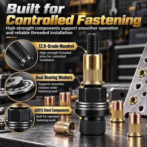 Top Shelf Gcr15 Carbon Steel Rivet Nut Tool Kit components showcasing 12.9-grade mandrel and dual bearing washers for smooth installation.