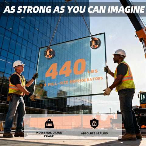 Workers using Glass Suction Cups Heavy Duty 8 Inch Vacuum Cup Lifter With Handle And Pump 440 Lbs Load Capacity for window installation.