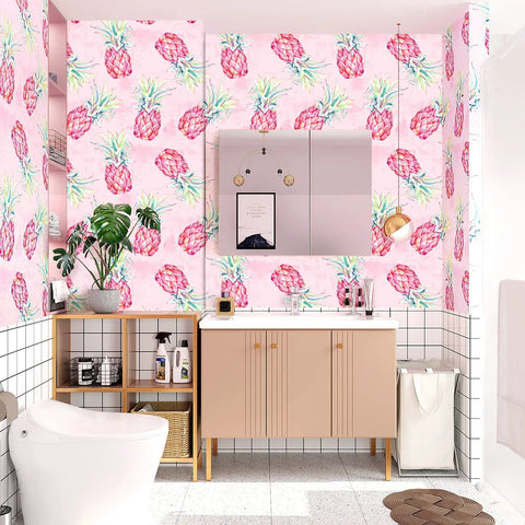 Bathroom with bold pink pineapple peel and stick wallpaper with watercolor pineapple pattern easy install self adhesive removable wall covering for cabinets walls nurseries bedrooms and bathrooms 17.7 inch wide by 354 inch long vinyl roll.