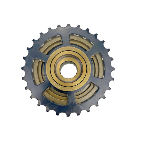 8 Speed Freewheel 13-28T Screw-On Replacement Part For Most Bikes Black And Brown Finish, top view showing teeth arrangement.