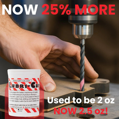Lubri-Cut cutting paste tub (2.5 oz) white container with red diagonal stripes beside a drill bit cutting metal on a workbench