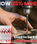 Person using beeswax based metal drilling paste for smoother tapping and cutting 2.5 oz tub, six pack, made in USA.
