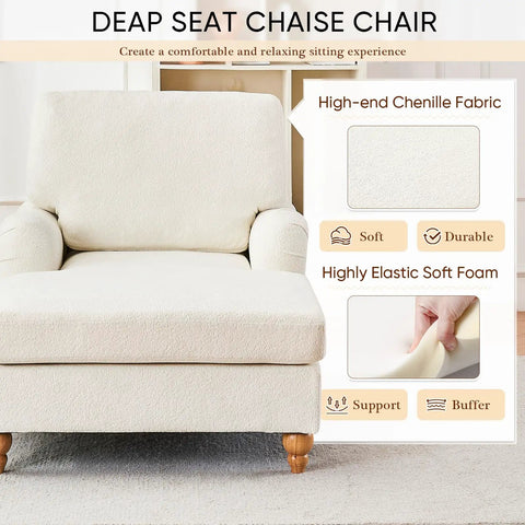 Chaise Lounge Chair With Adjustable Backrest Modern Cozy Chenille Upholstery Sleeper Bed With Rolled Arm For Indoor Use Beige