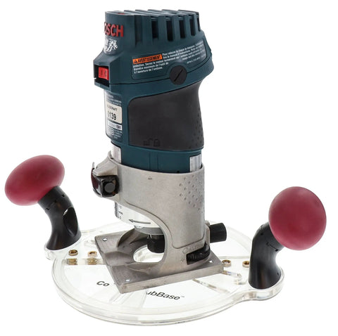Dead Nuts Universal Compact Router Sub Base Quick Adjust Plate for Trim Routers with swivel handles and bushing mounts.