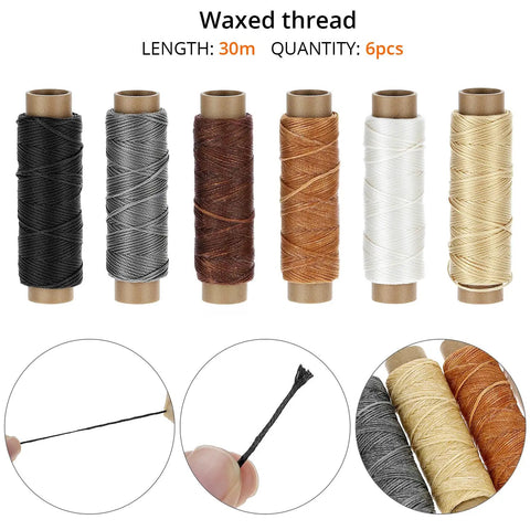 Six color waxed threads from All-In-One Leather Sewing Kit With Waxed Thread, 40-Piece Awl Set, Extra Awls, 24 Leather Needles