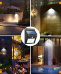 Solar Motion Sensor Outdoor Lights 30 LED 4 Pack illuminating front door, patio, garden, and pool areas in various settings.