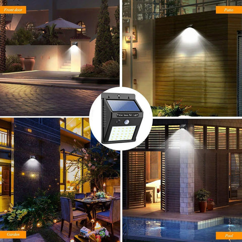 Solar Motion Sensor Outdoor Lights 30 LED 4 Pack illuminating front door, patio, garden, and pool areas in various settings.