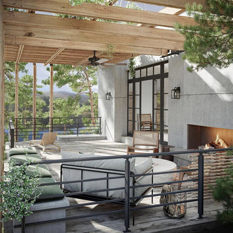 Outdoor patio with Grandbury Collection 1-Light Clear Glass Farmhouse Outdoor Wall Lantern in Textured Black, coastal vibe.
