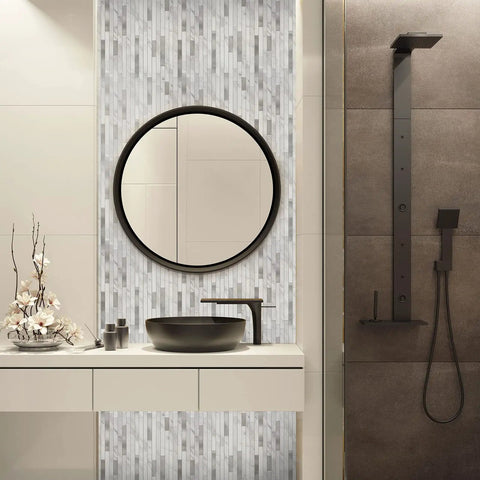 Peel and Stick Backsplash Tiles for Kitchen and RV, White Marble Look with Vintage Silver Embellished Stripes, wall view with round mirror