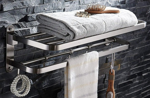 Stainless Steel Towel Rack With Double Towel Bar And Hooks For Bathroom Wall Mounted Shelf Slick Space Saving Foldable Brushed Nickel Finish Heavy Duty All In One Multifunctional Storage Organizer Rustproof 304 Stainless Steel Construction