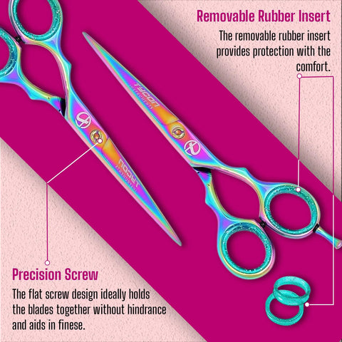 Pro Grade Hair Cutting Scissors Six Point Five Inch Stainless Steel Barber Shears With Two Point Seven Inch Razor Edge Blade Ergonomic Design For Smooth Precise Cuts Salon Quality Tools For Stylists And Home Use, rainbow finish with rubber inserts