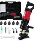 Beefy 22 Ton Electric Hydraulic Hole Puncher With 1400W Copper Motor, 110V, Five Die Set displayed with accessories and tool case