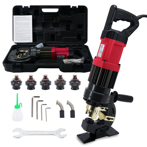 Beefy 22 Ton Electric Hydraulic Hole Puncher With 1400W Copper Motor, 110V, Five Die Set displayed with accessories and tool case