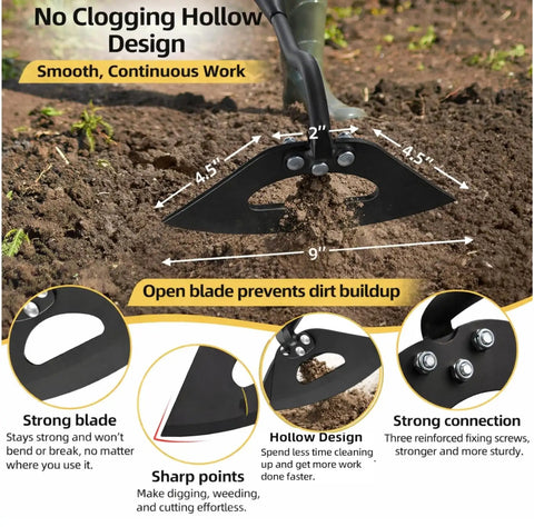 Heavy Duty Garden Weeding Tool With Hollow Blade And 58 Inch Adjustable Handle, showing hollow design and dimensions