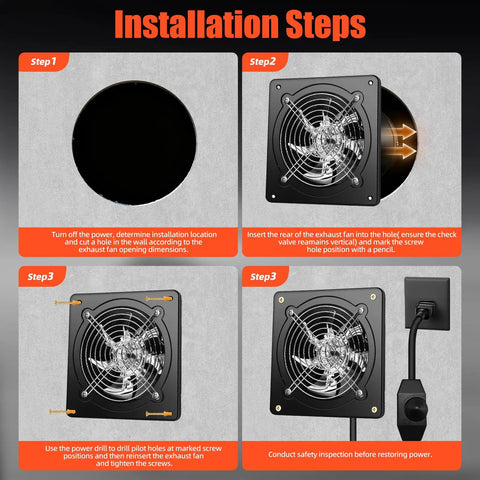 Installation steps for Beefy 8 Inch Wall Mount Exhaust Fan With Speed Controller Delivers 700 CFM At Up To 2600 RPM For Kitchen Bathroom