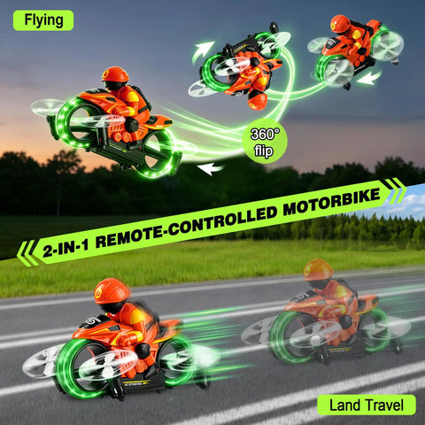 Ground And Air RC Motorbike Toy For Kids And Adults 2 In 1 Remote Control Vehicle with LED lights performing 360 degree flip outdoors.