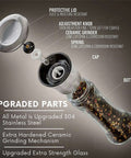 Stainless Steel Salt And Pepper Grinder Set Of 2 With Adjustable Ceramic Mills, exploded view showing components and materials.
