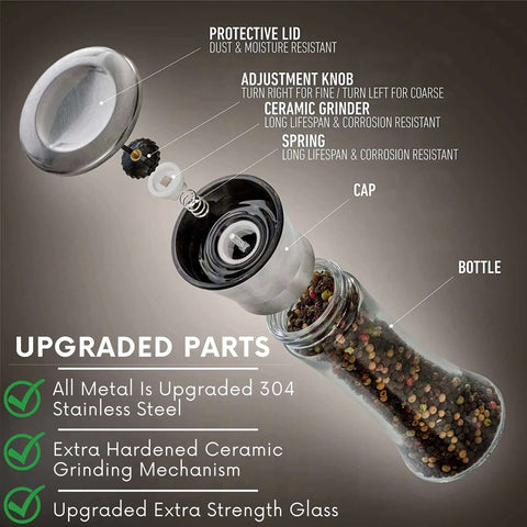 Stainless Steel Salt And Pepper Grinder Set Of 2 With Adjustable Ceramic Mills, exploded view showing components and materials.