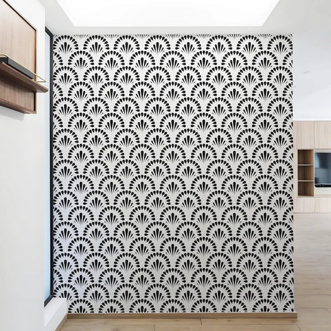 Black geometric peel and stick wallpaper seen on accent wall, 17.52inx196.85in vinyl adds modern touch.