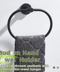 Killer Matte Black Oval Towel Ring Features Smooth Swivel Action Wall Mounted Bathroom Accessory with gray towel hanging.