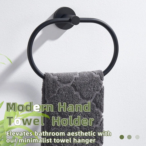 Killer Matte Black Oval Towel Ring Features Smooth Swivel Action Wall Mounted Bathroom Accessory with gray towel hanging.