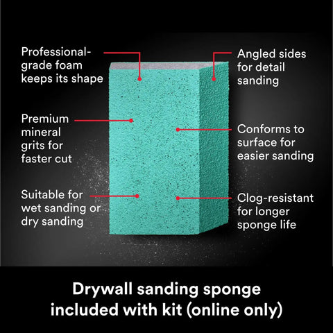 High Strength Large Hole Drywall Repair Kit Includes sanding sponge with angled sides and premium mineral grits