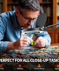 Man using 10X Magnifying Lamp With Light And Stand For Crafts, Reading And Close Work, Dimmable LED Desk Magnifier With Swing Arm