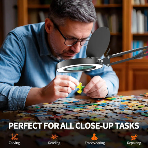Man using 10X Magnifying Lamp With Light And Stand For Crafts, Reading And Close Work, Dimmable LED Desk Magnifier With Swing Arm